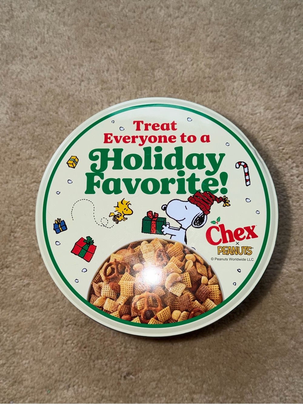 2025 Peanuts® & Chex® Mix Christmas 8" Tin - Small Dent - VGUC
